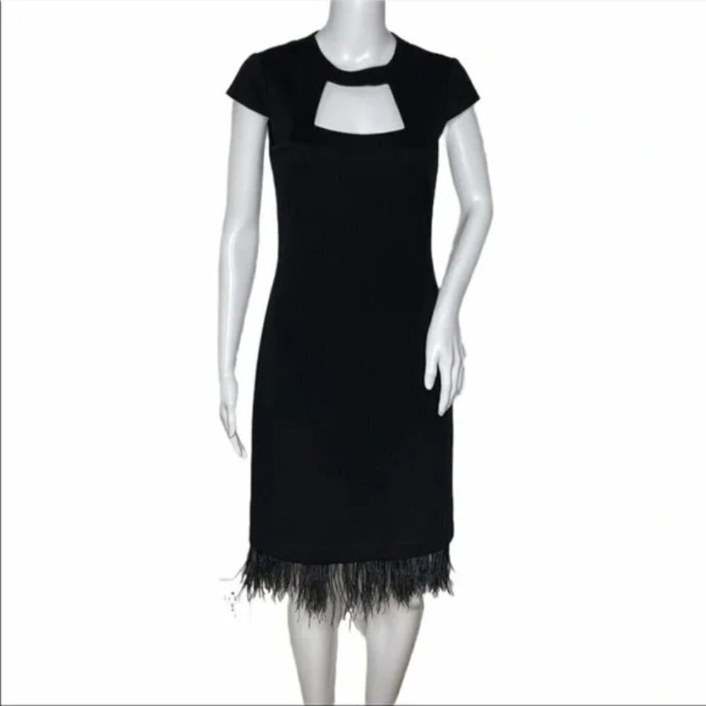 Trina Turk Cut Out Front Feather Trim Black Dress Size 2